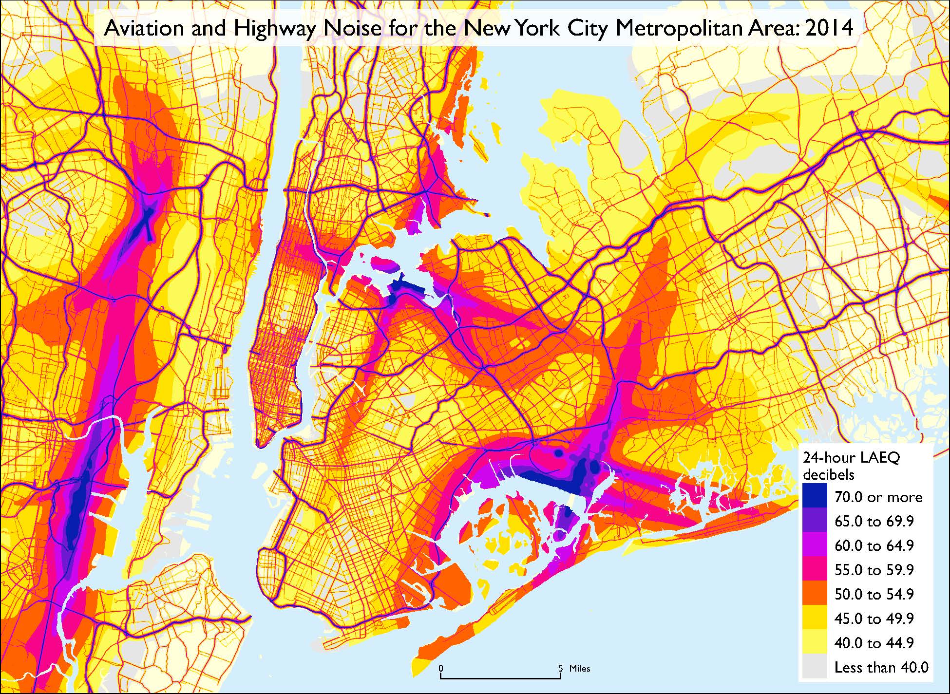 Карта авиационного и автомобильного звукового загрязнения Нью Йорка, 2014 год